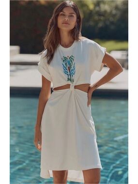 ANTHROPOLOGIE Celandine Tigre Indigo Cutout Graphic T-Shirt Midi Dress Ivory XL